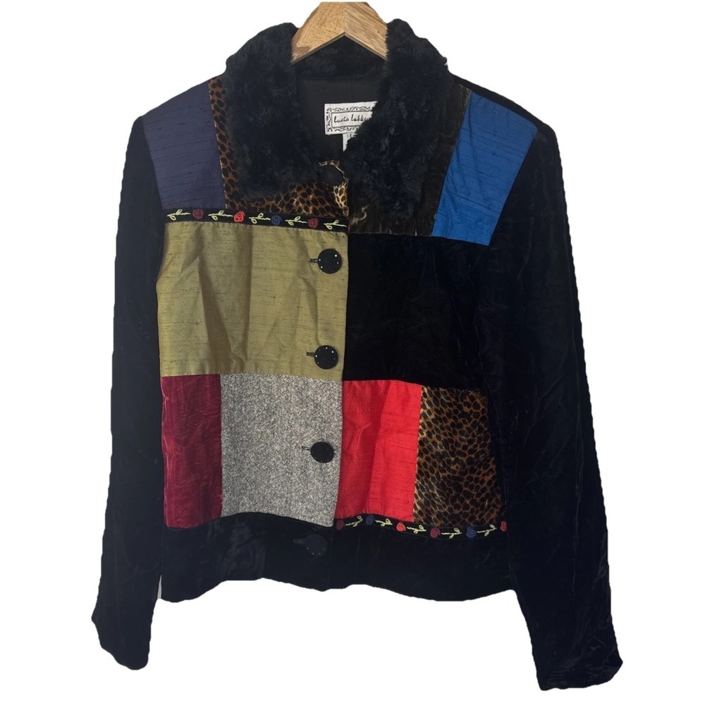 Lucia Lukken‎ Patchwork Velvet Jacket Women Large Multicolor Silk Faux Fur